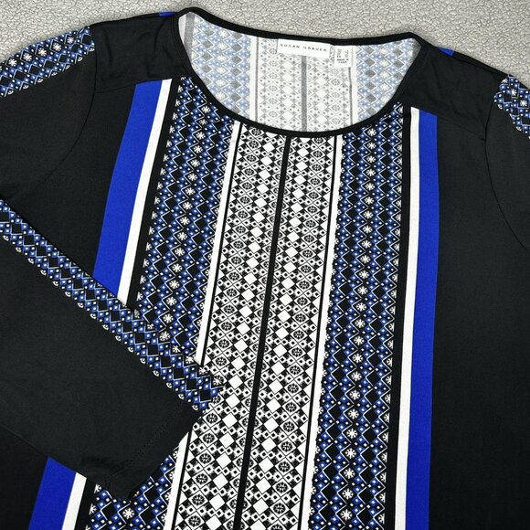 Susan Graver Shirt Womens Large Black Blue Liquid Knit Geometric Print Stretch - Picture 3 of 11